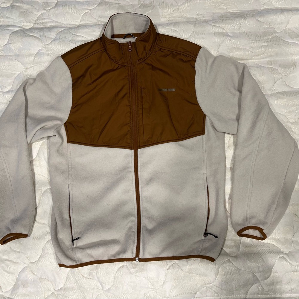 Lands' End Brown and Cream Zip-Up Fleece Jacket
